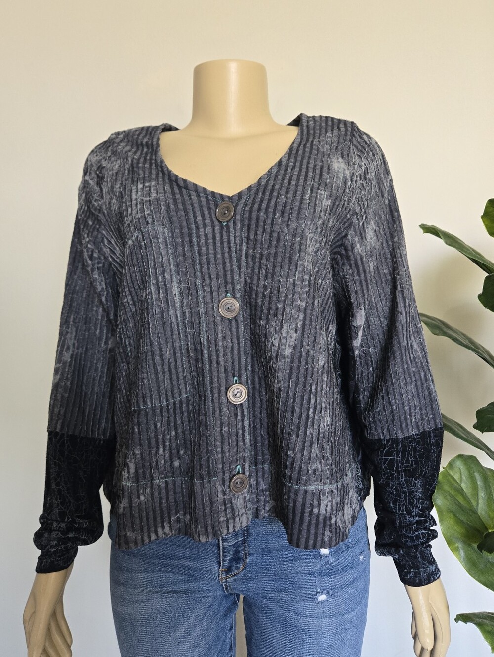 RARE Dress To Kill Jane Mohr Grey Striped Crinkle Lagenlook Jacket Top OS